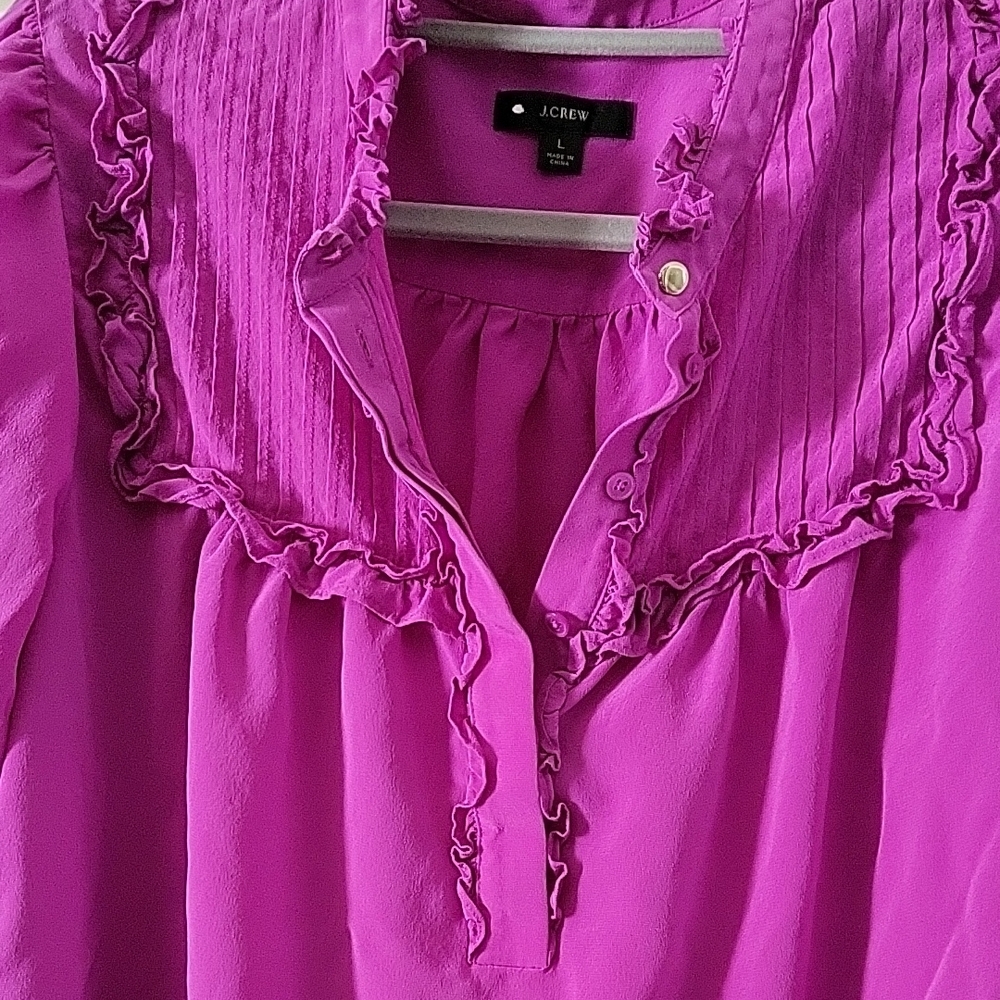 J. Crew Purple 100% Silk Ruffle Blouse Women's Large - Picture 7 of 12